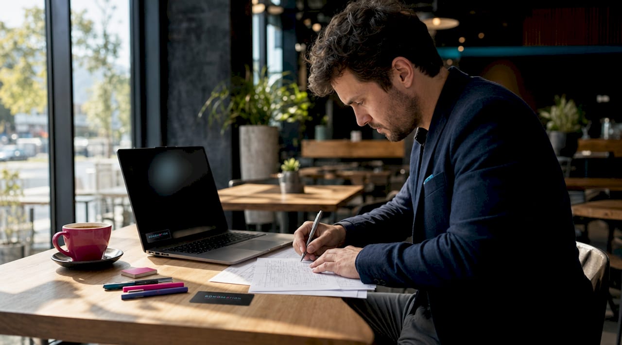 Marketer reviewing event video footage plans