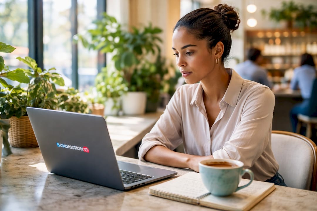 Professional woman viewing training video at home desk