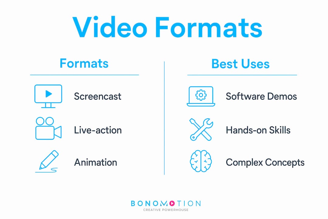 Infographic comparing employee training video formats and uses