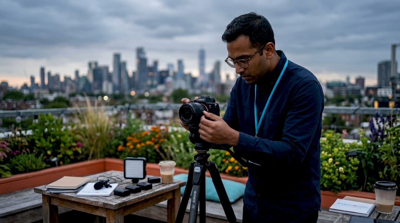 Videographer setting up corporate camera equipment