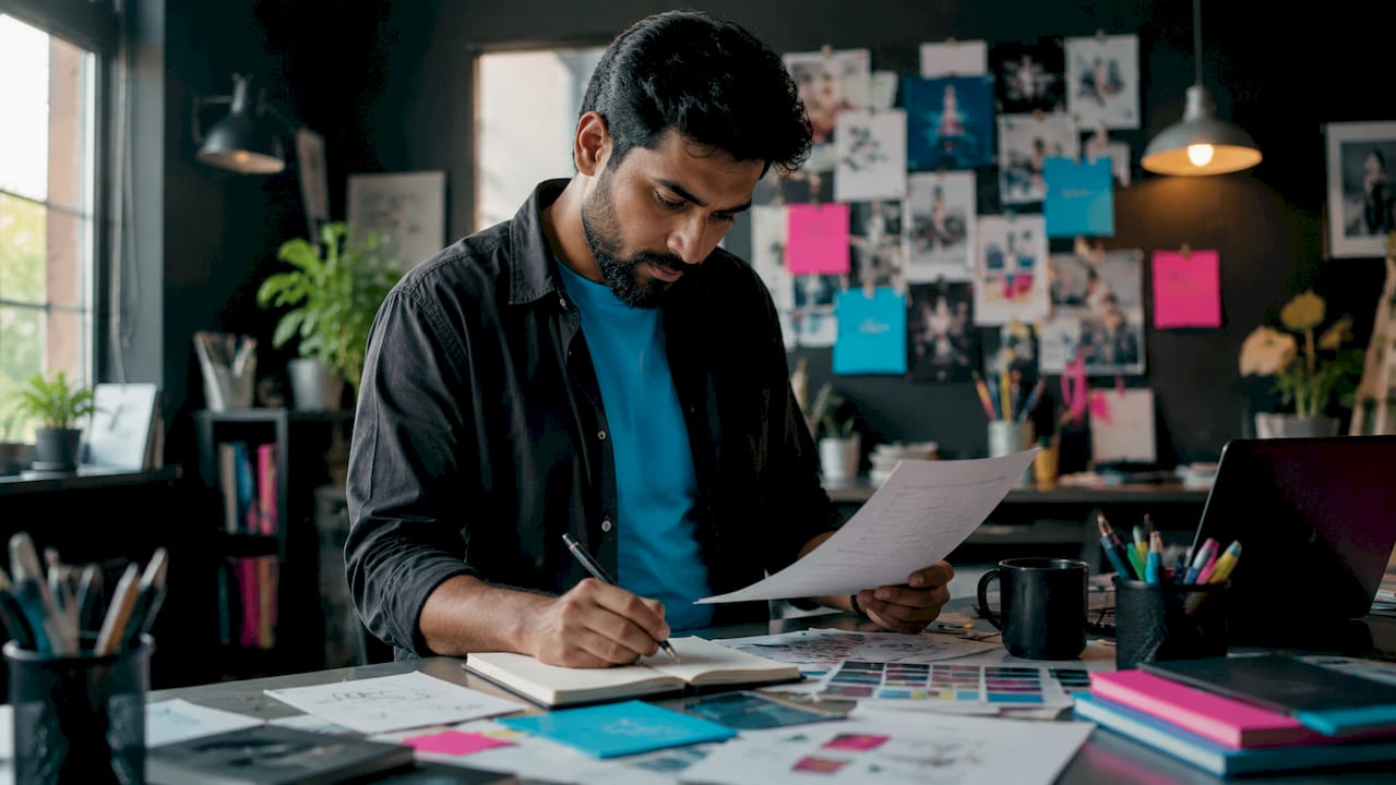 Creative director reviewing notes in studio