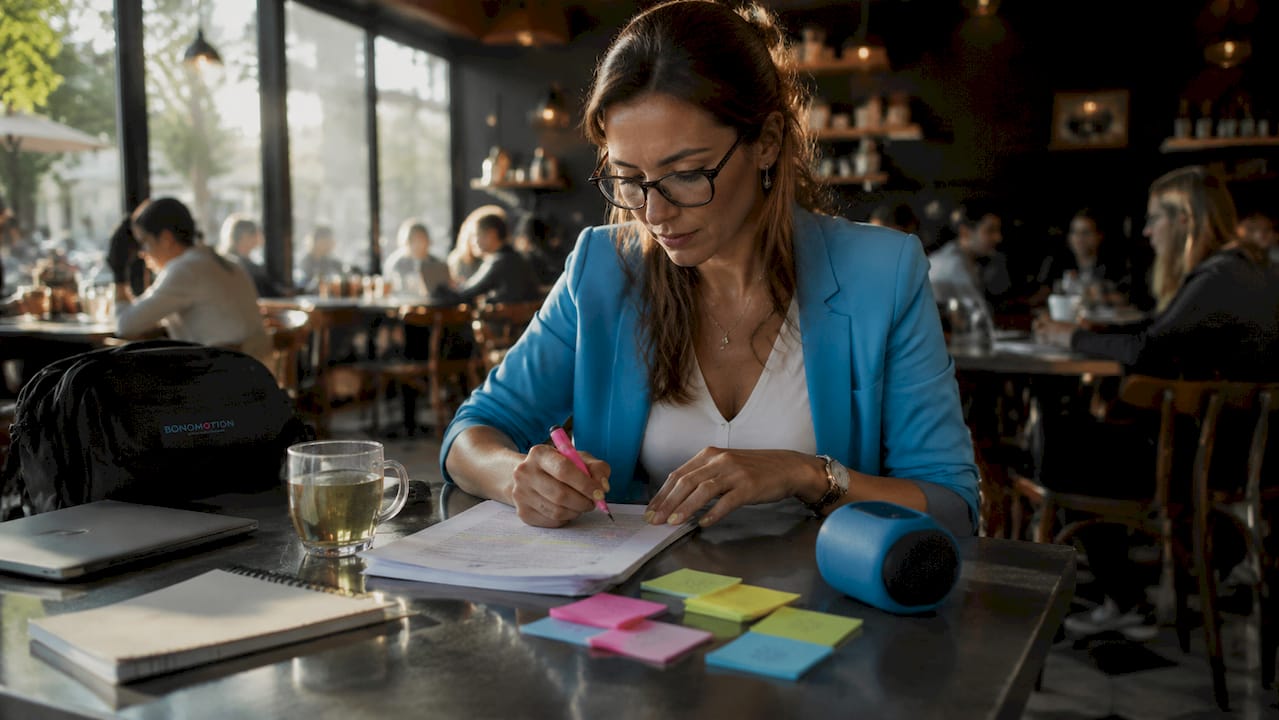 Video marketer reviewing script at desk