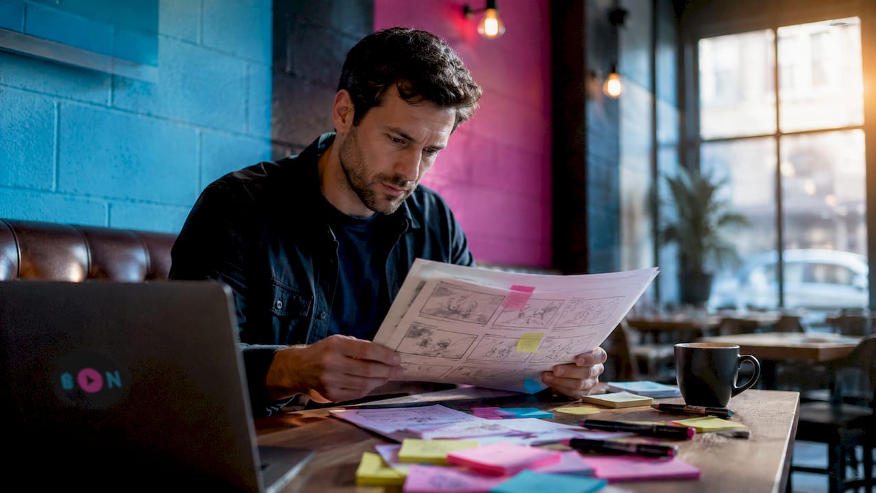Marketer reviewing storyboard draft at table