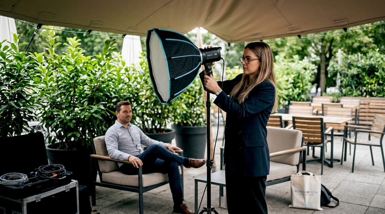 Photographer setting up corporate portrait studio