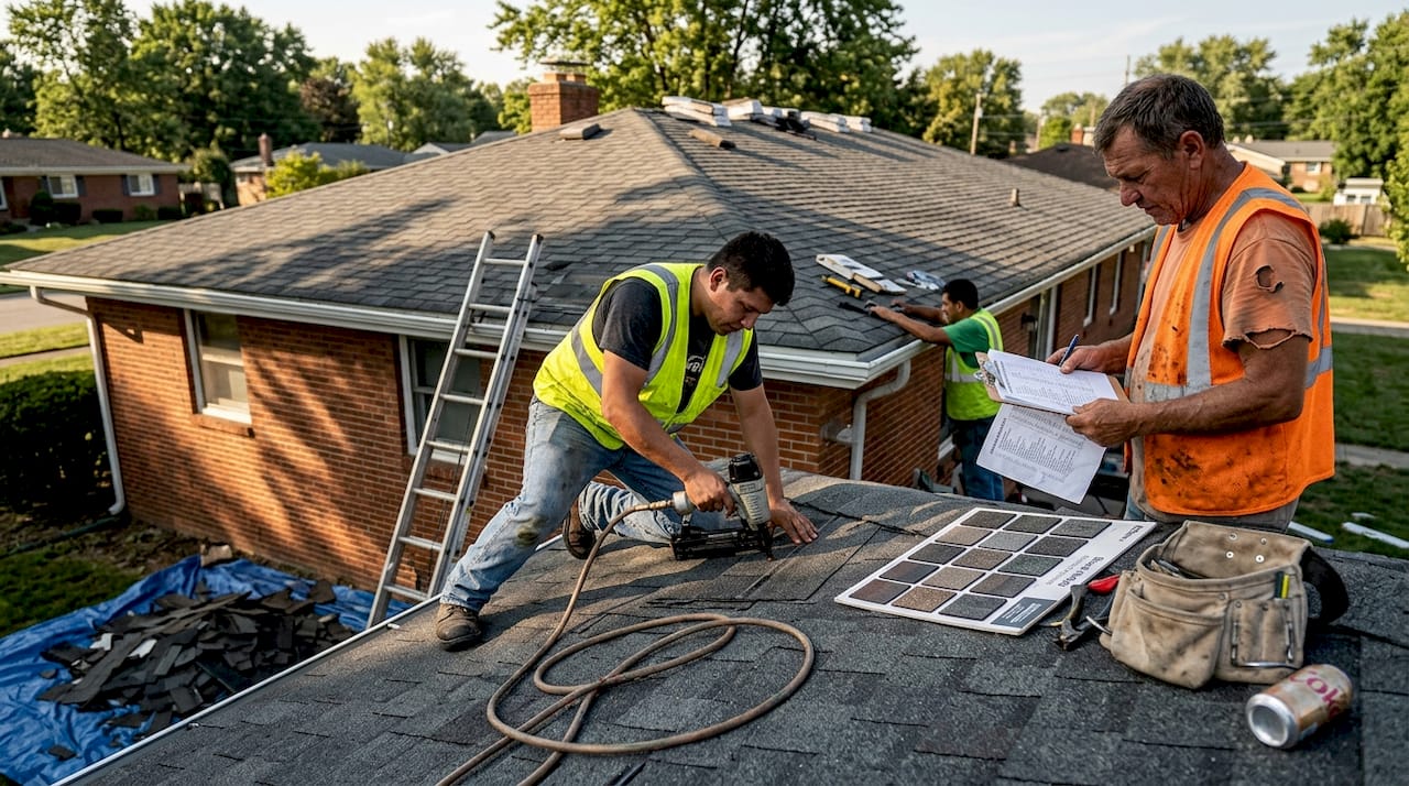 Roofing crew installing shingles with equipment