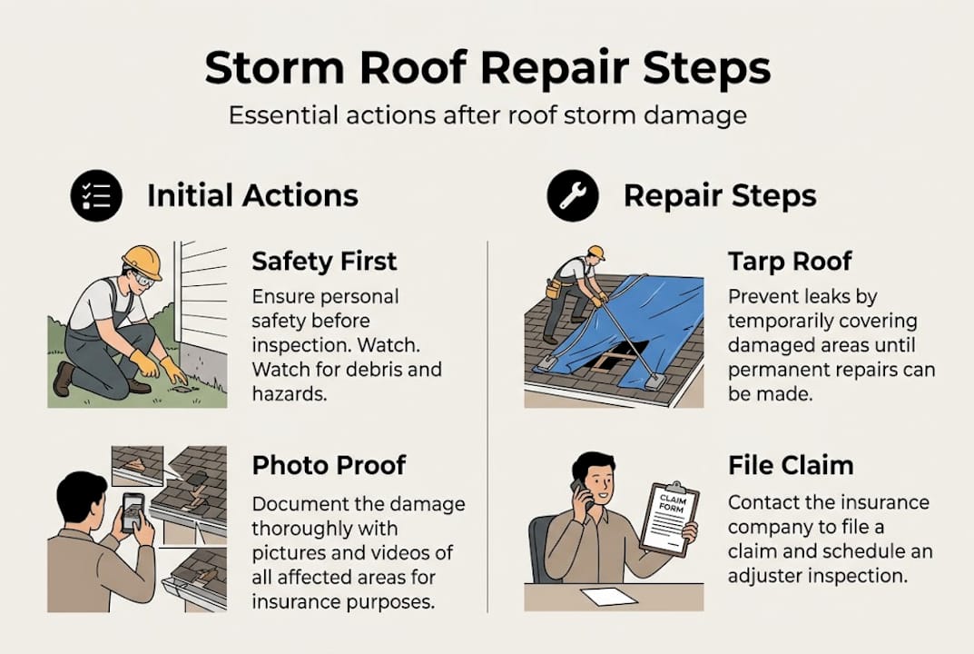 Infographic summarizing roof storm repair steps