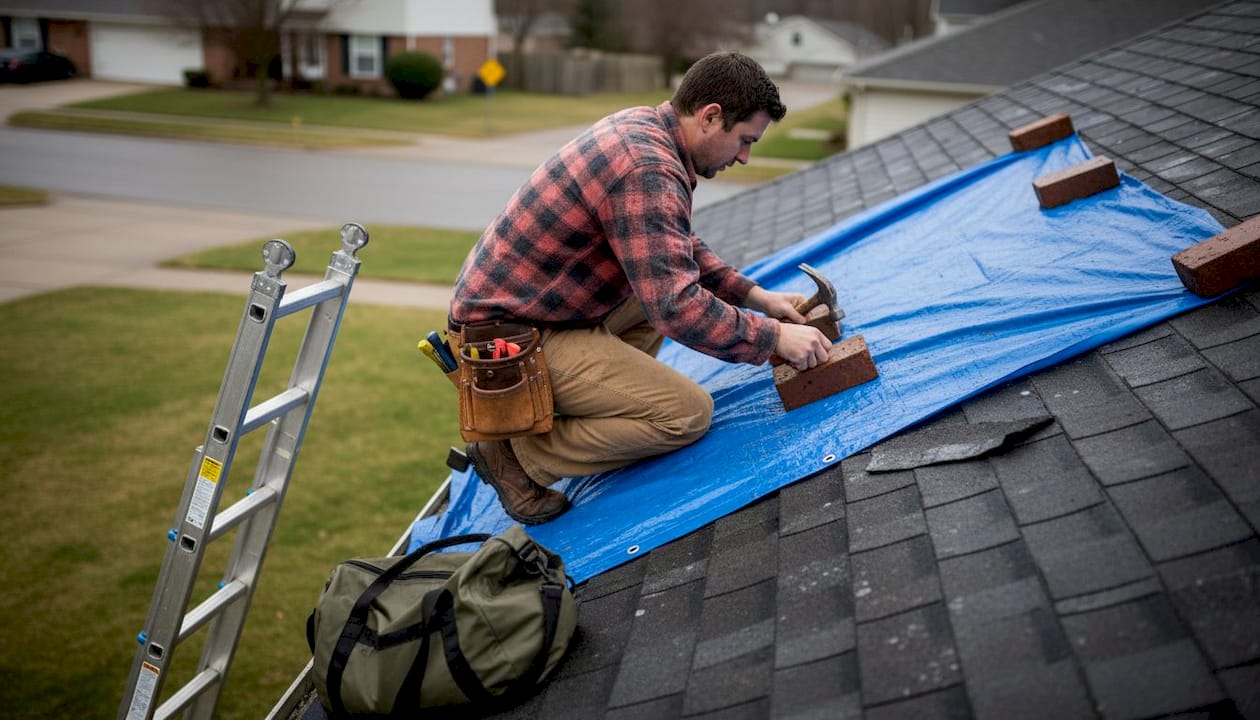 Contractor tarping roof after storm damage
