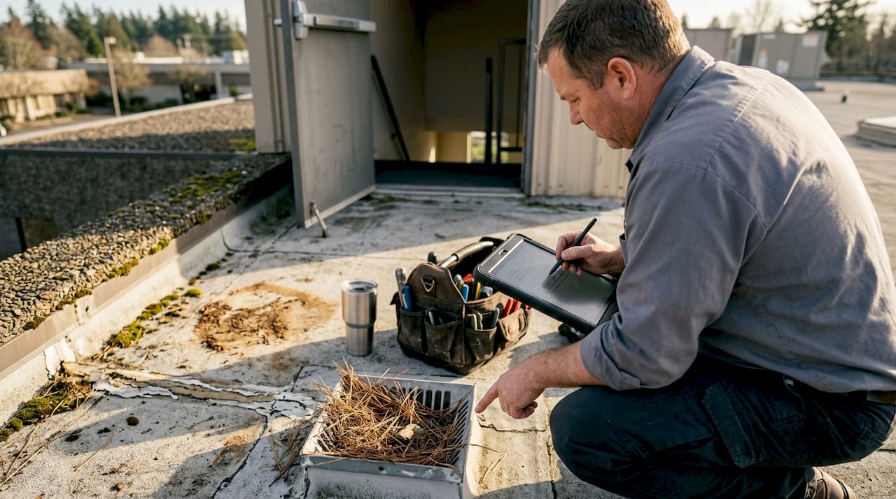 Supervisor inspecting roof drainage scupper