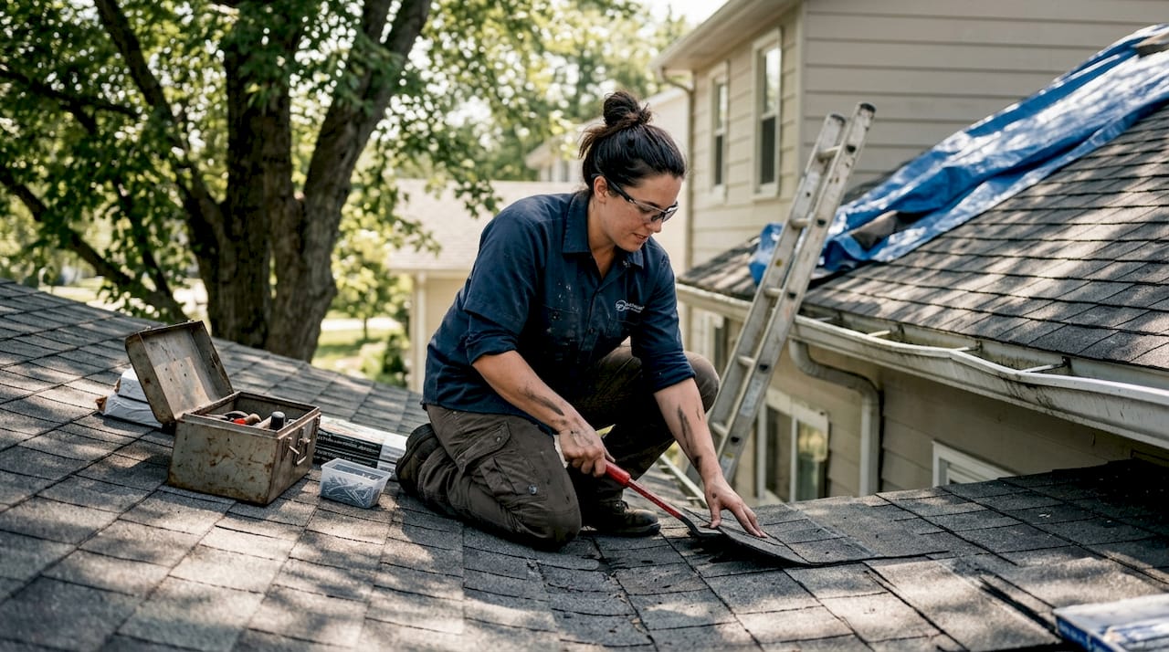 Technician replacing damaged roof shingles