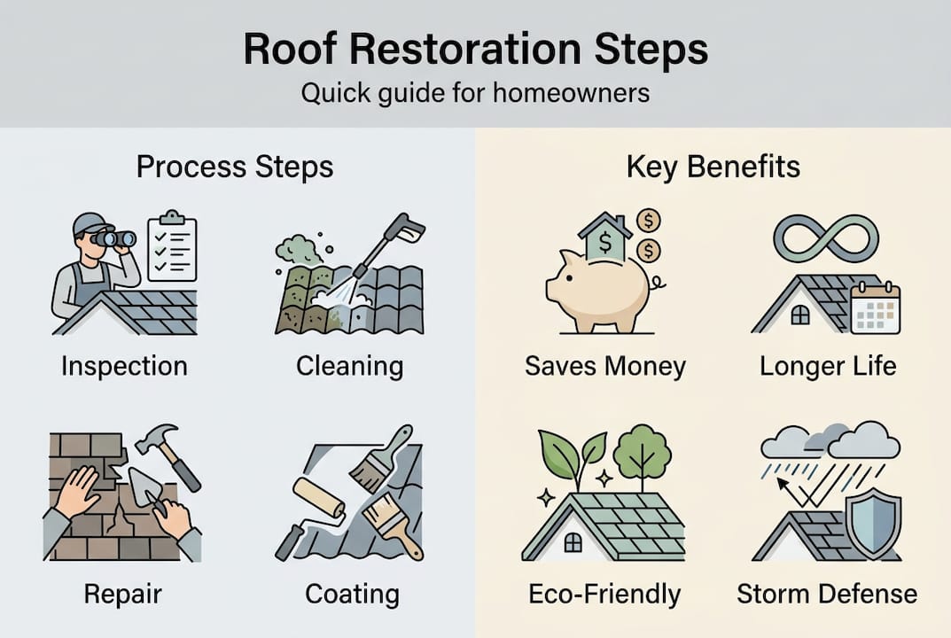 Infographic showing roof restoration steps and benefits