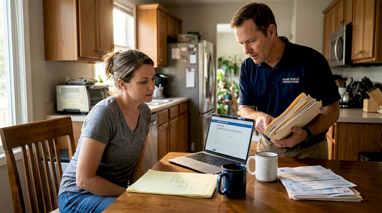 Inspector and homeowner review roof claim paperwork