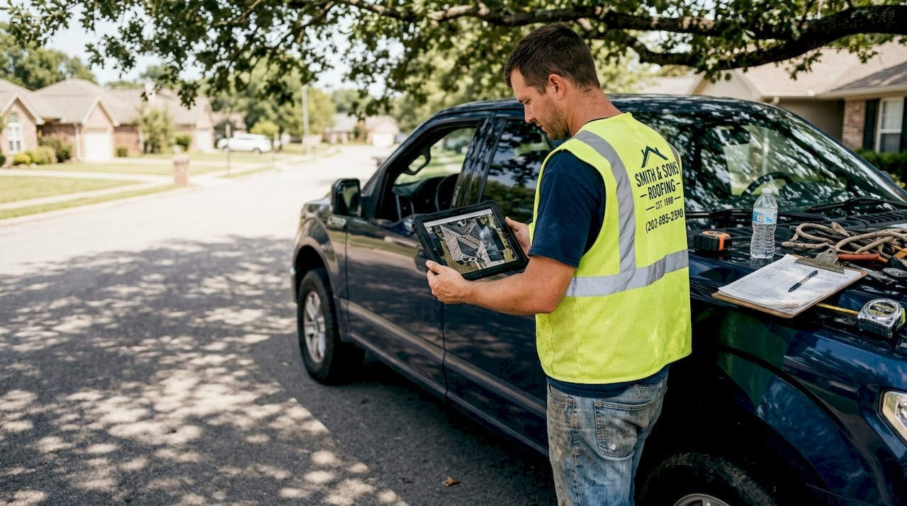 Roofer using tablet with aerial roof imagery