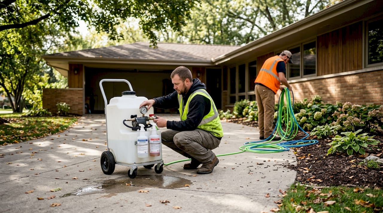 Technicians setting up roof soft wash tools