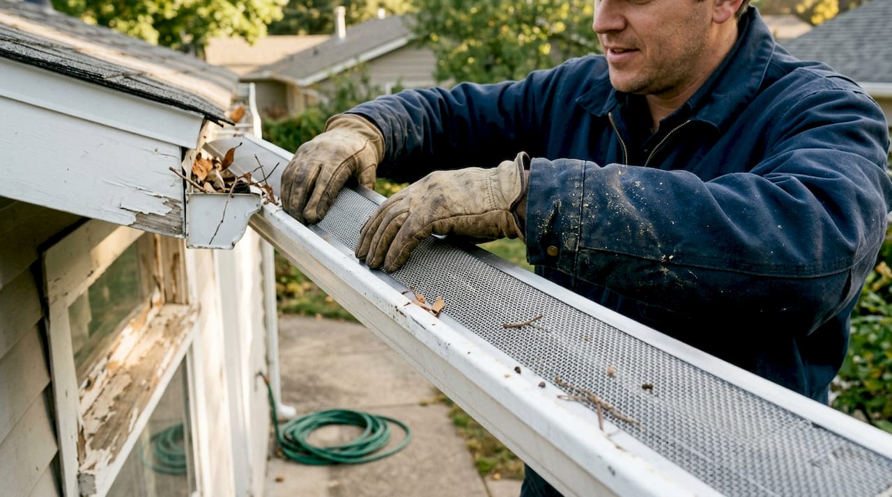 Hands installing mesh gutter guard system