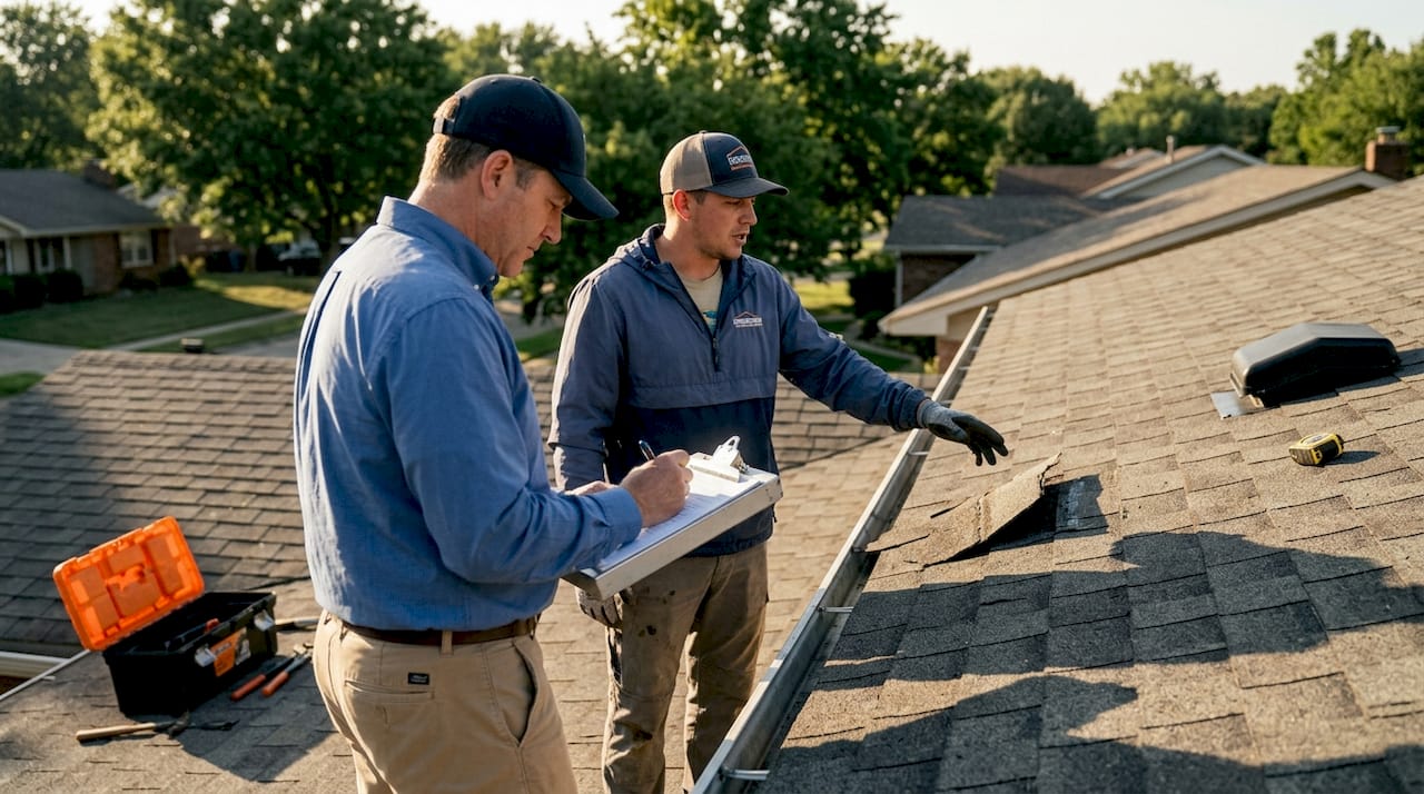Roofing contractor and adjuster discuss roof damage