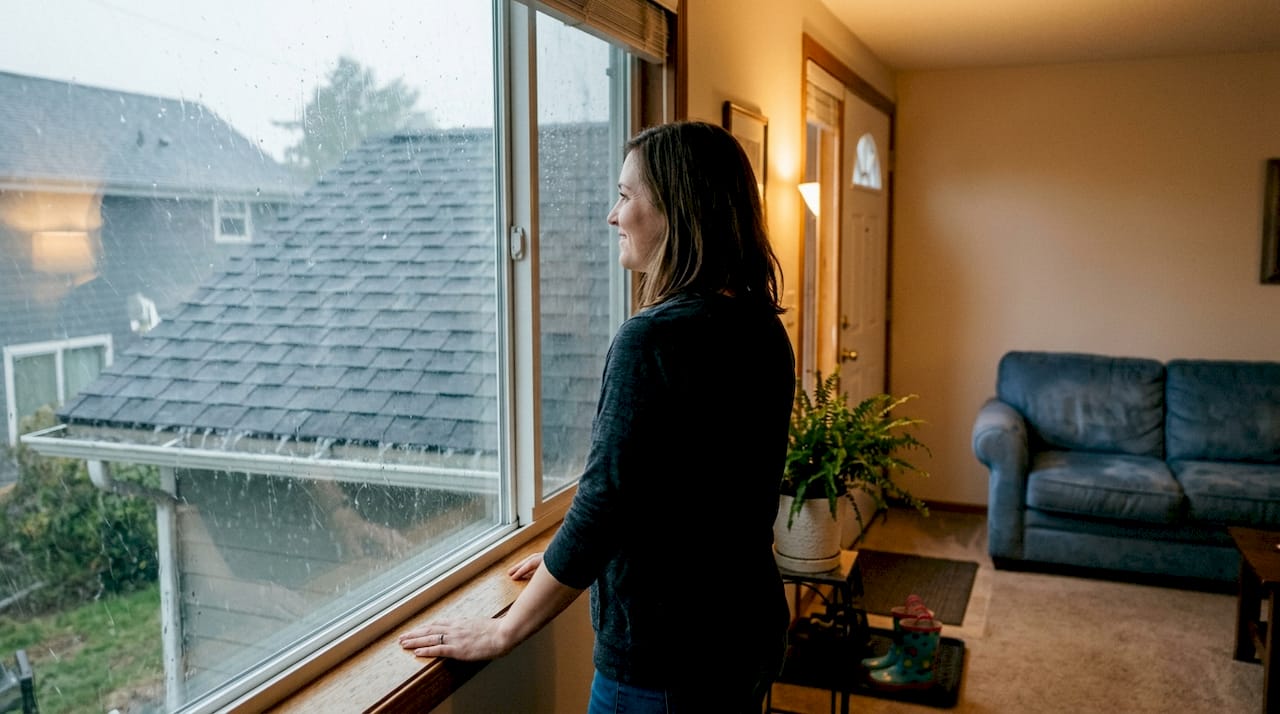 Homeowner observes new roof during storm