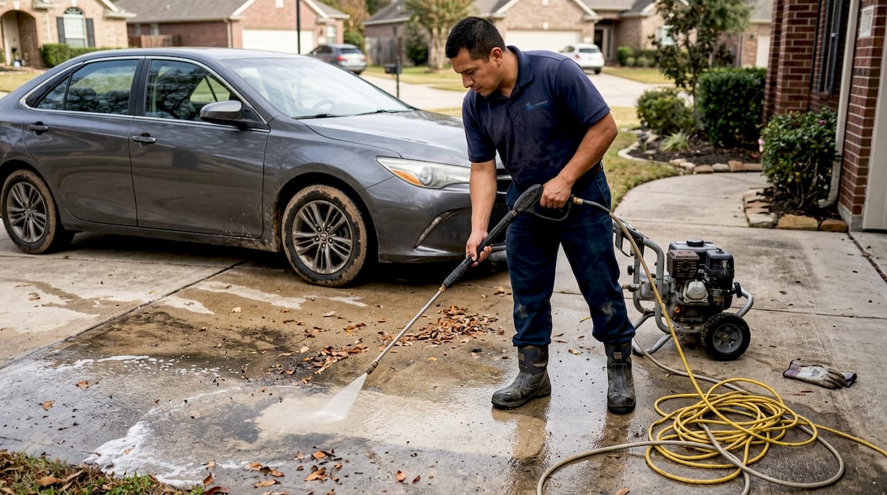Pressure washer cleaning dirty driveway