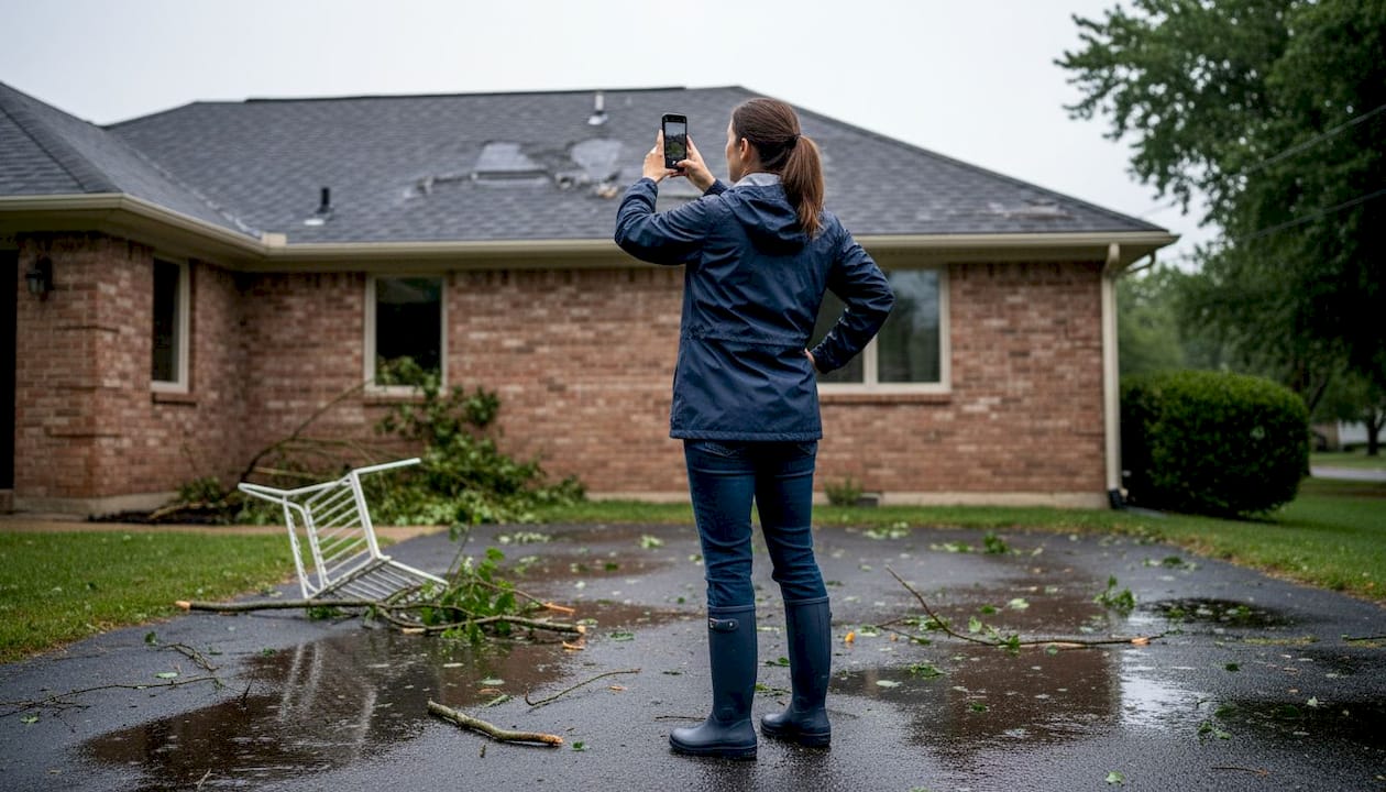 Homeowner documenting exterior storm damage