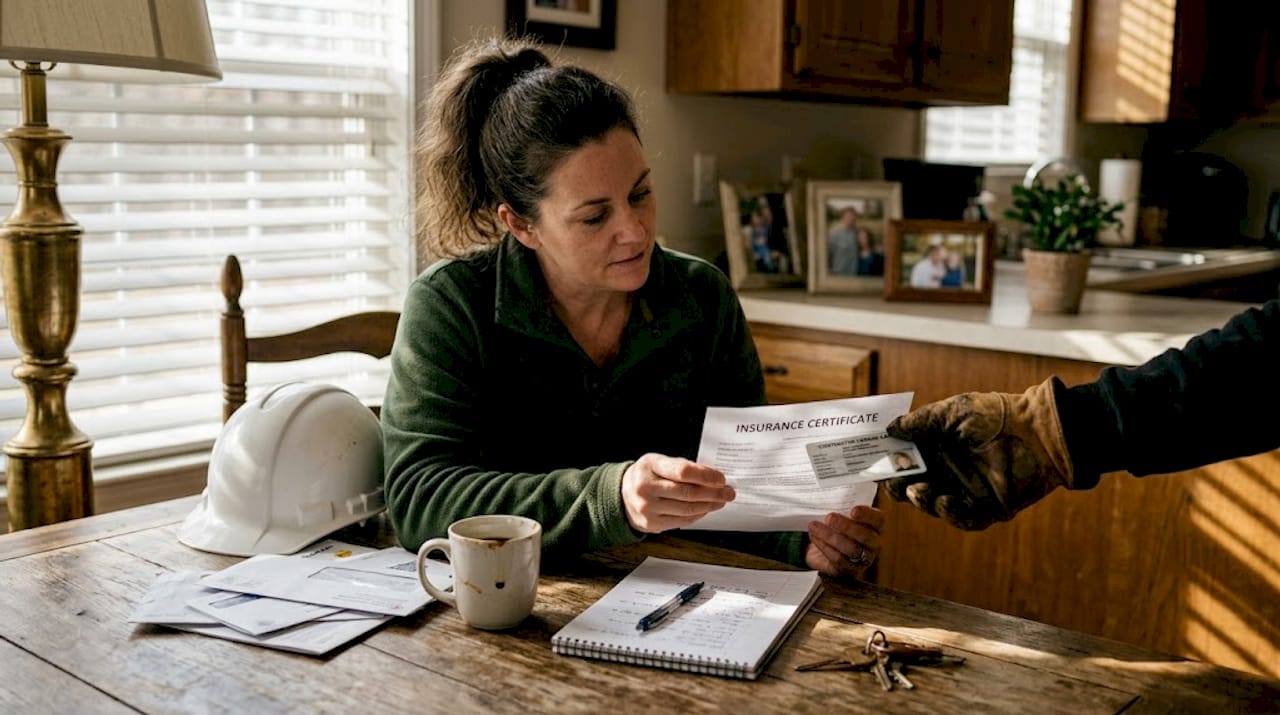 Homeowner and contractor reviewing license and insurance