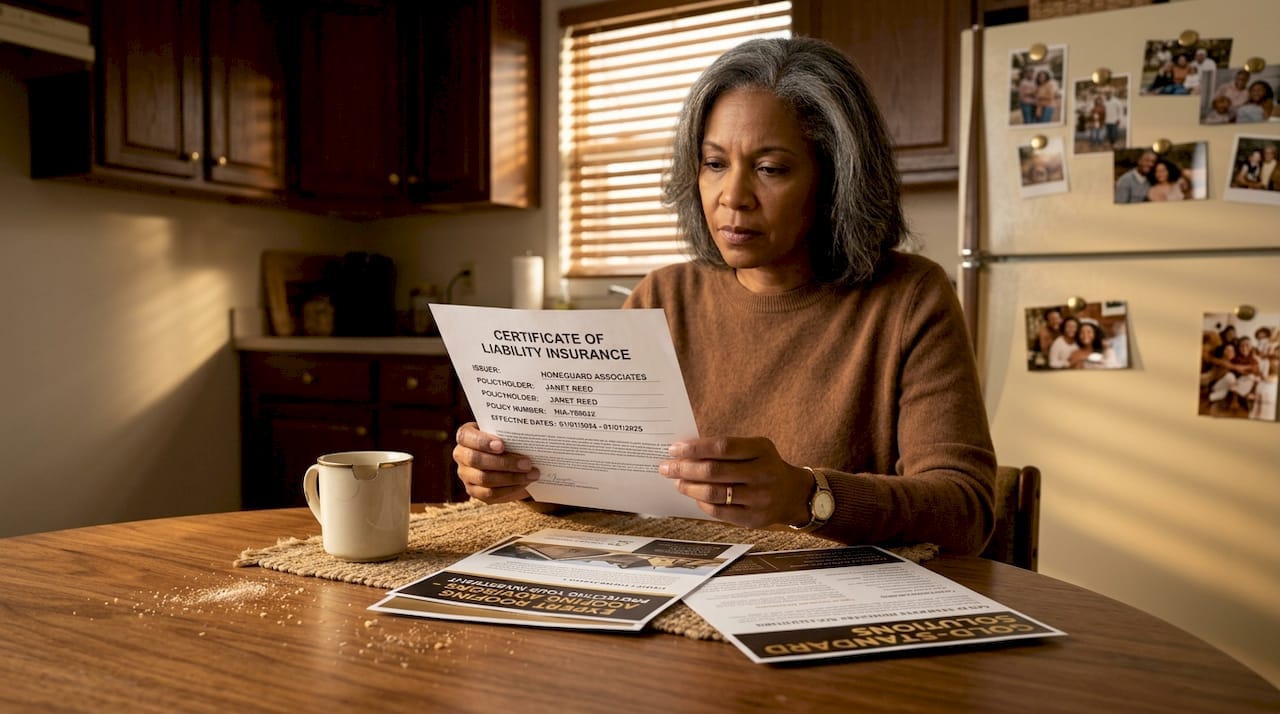 Homeowner reviews roofer liability insurance paper