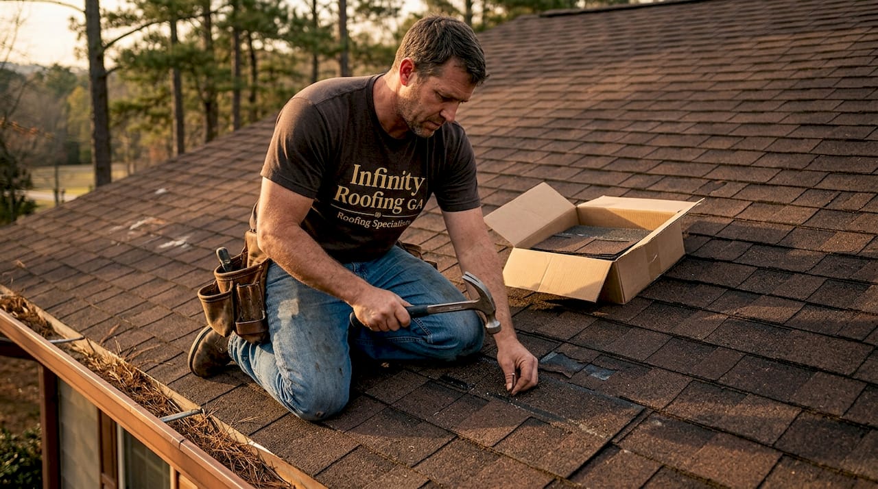 Roofer making spot repairs on asphalt roof