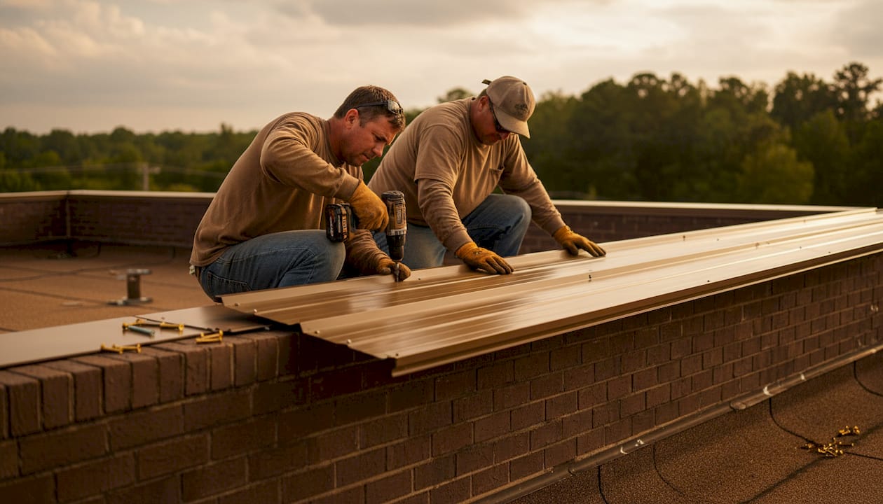 Roofers install standing-seam metal panels