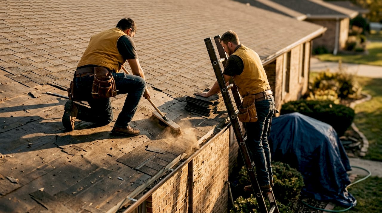 Roofers stripping aged shingles during roof replacement