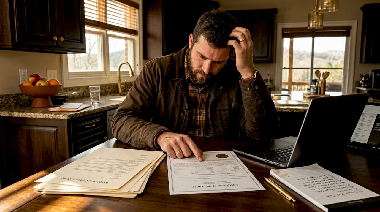 Roofer reviews insurance certificate with paperwork
