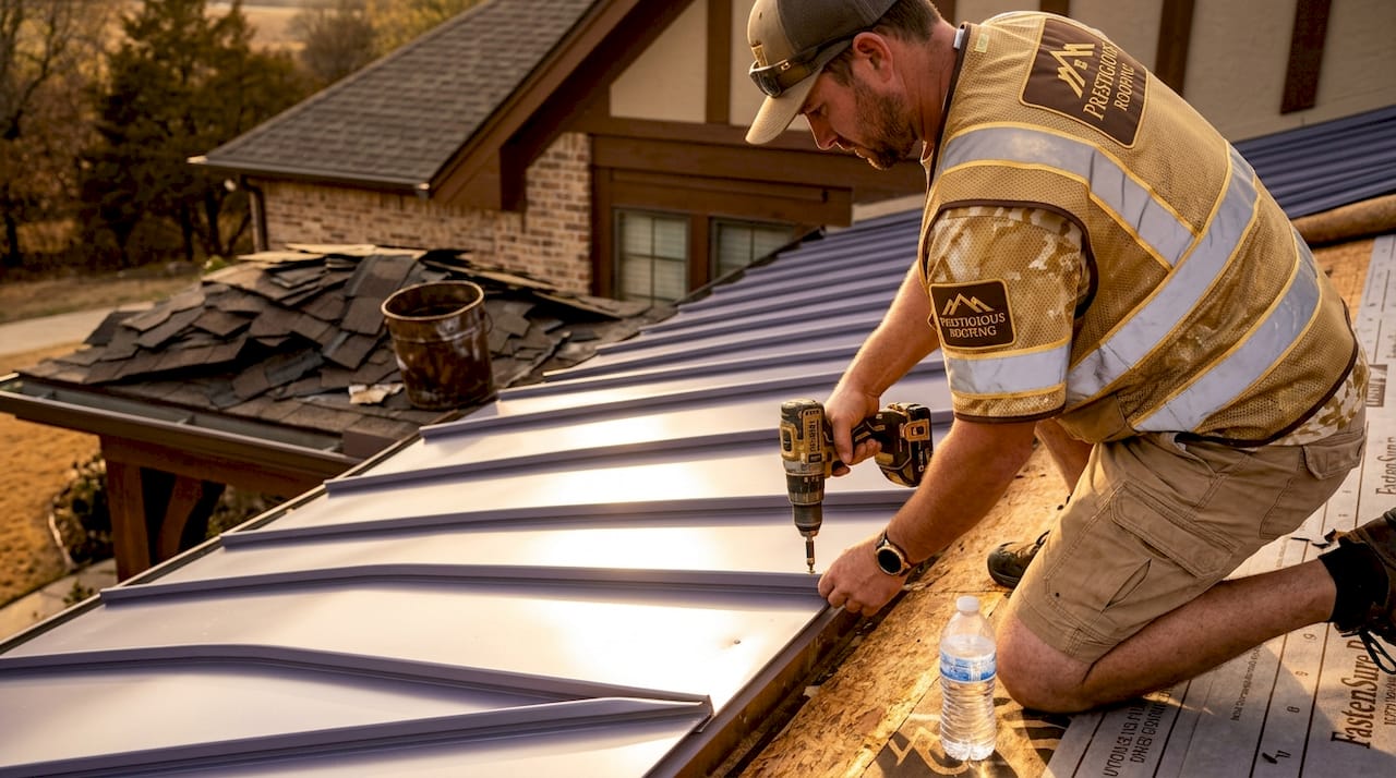 Worker installing standing-seam metal roofing