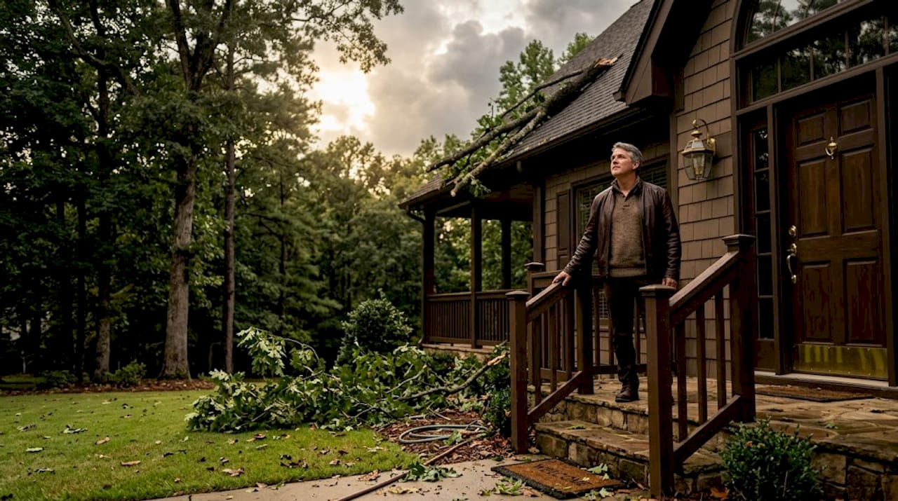 Homeowner surveys roof storm damage with fallen branches