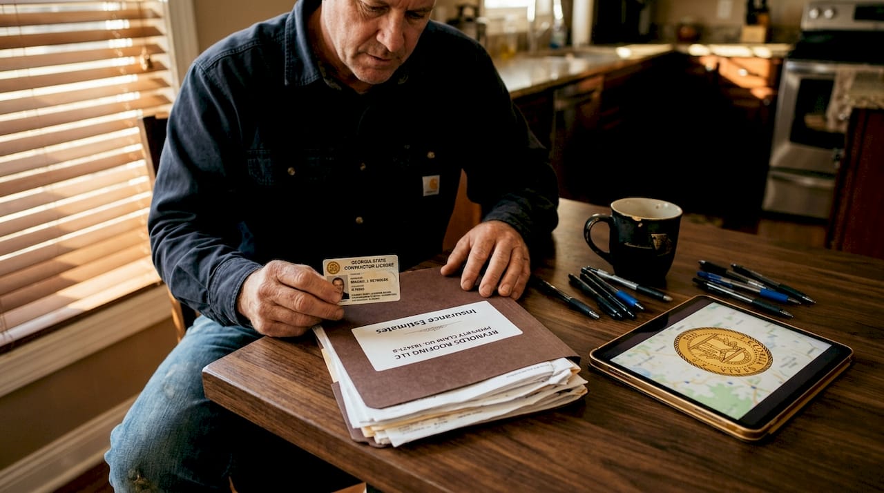 Roofer verifying license and paperwork