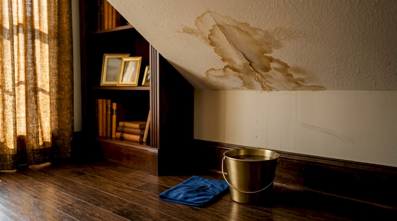 Ceiling water damage with bucket underneath
