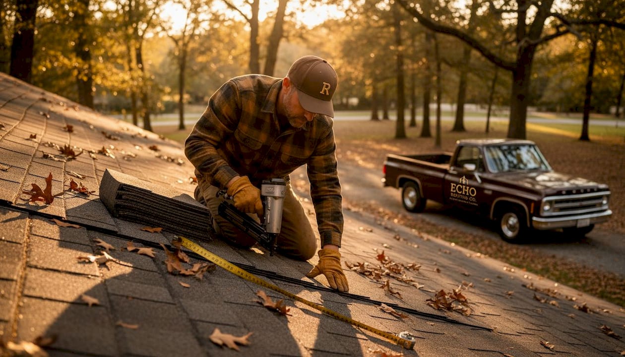 Roofer layering new shingles over old roof
