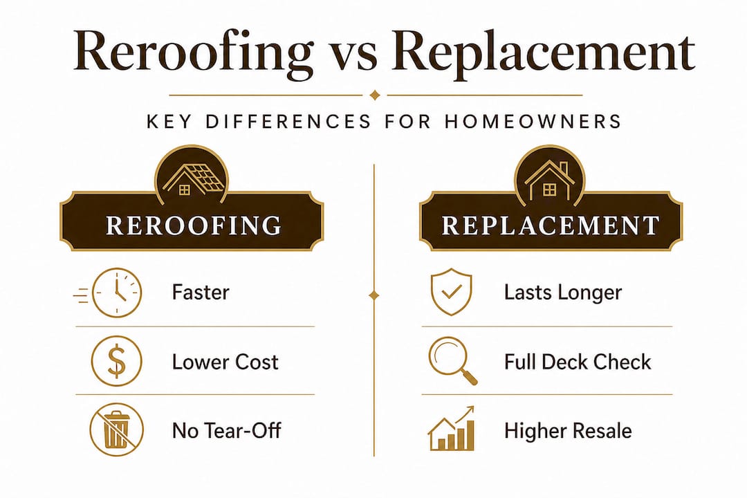 Infographic comparing reroofing and replacement key features
