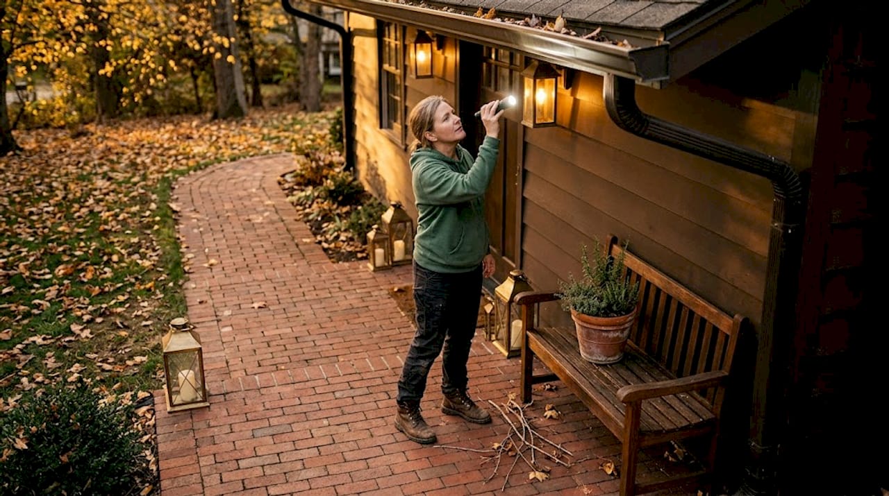 Person inspecting gutter for roof debris