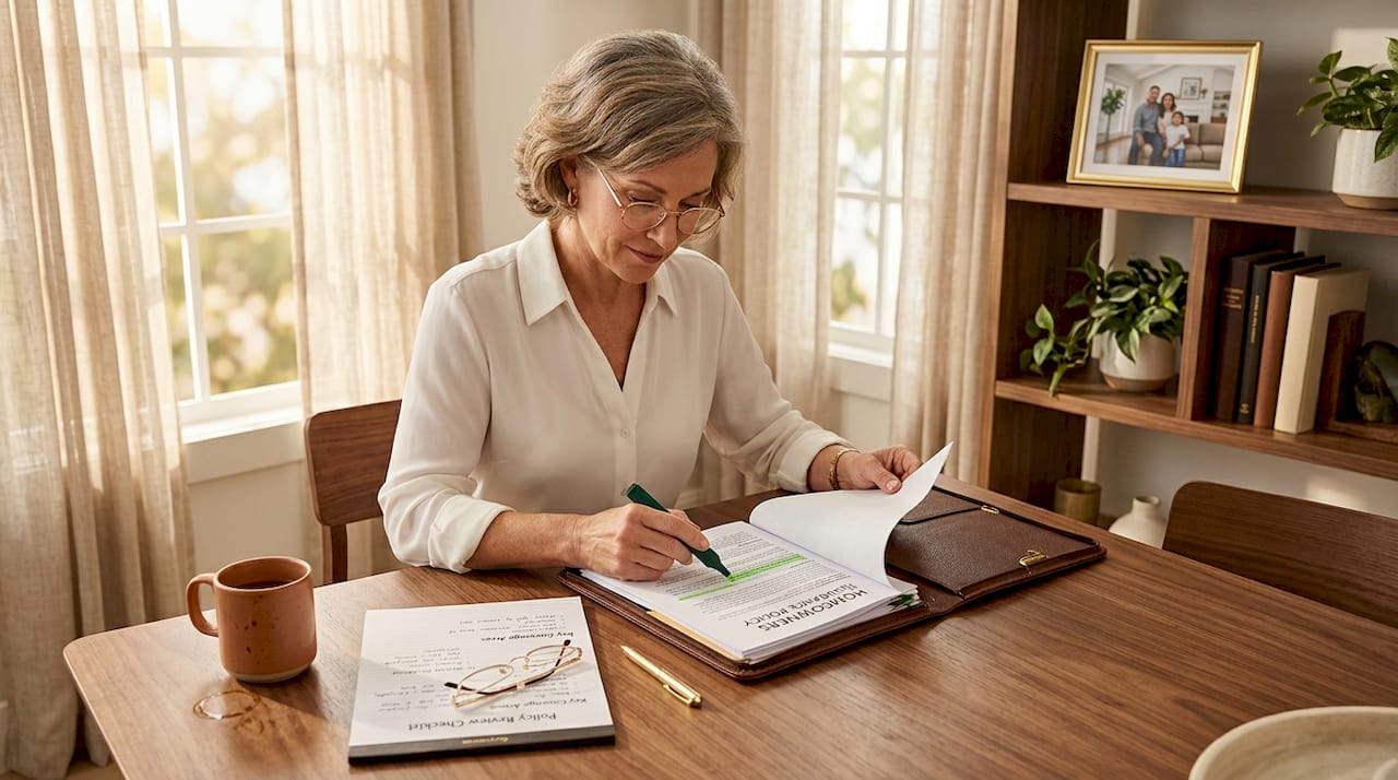Woman reviews insurance documents at kitchen table