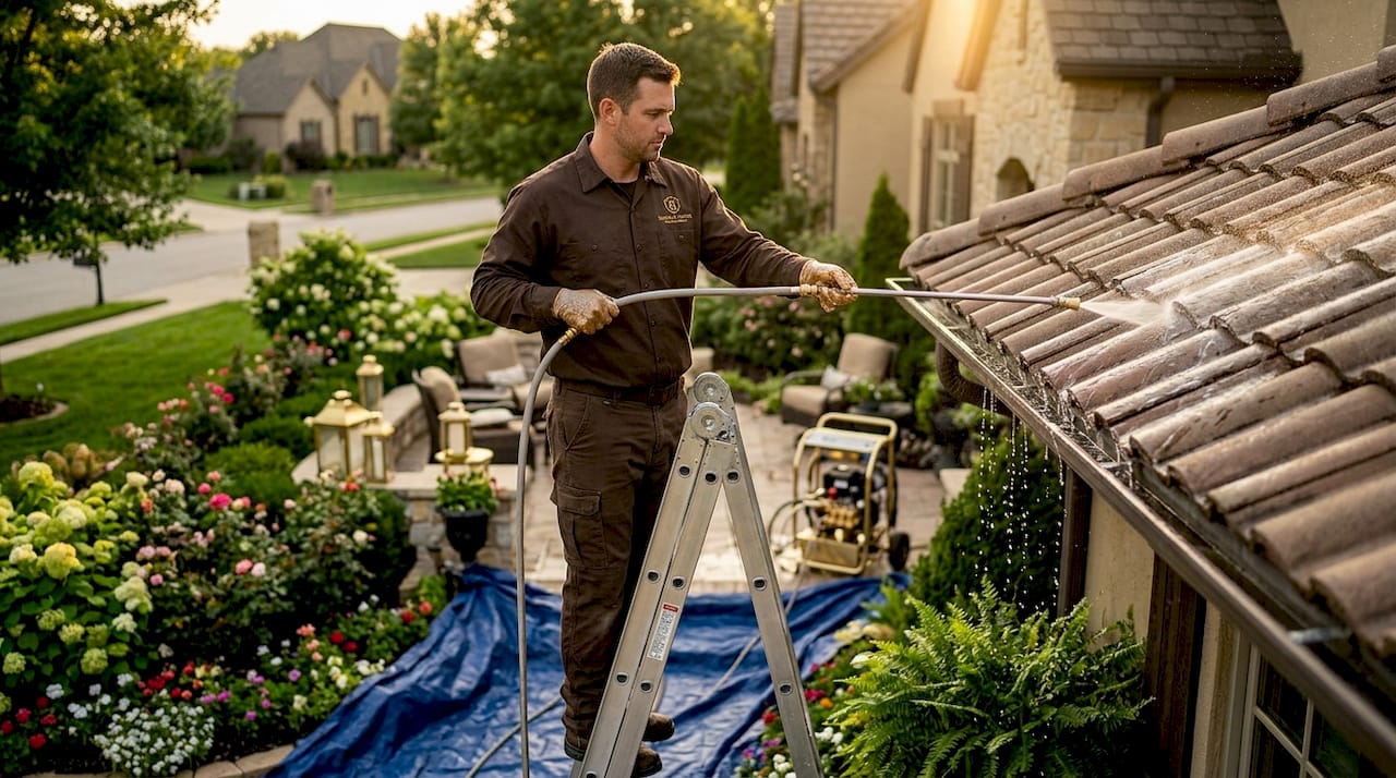 Technician gently sprays roof for soft washing