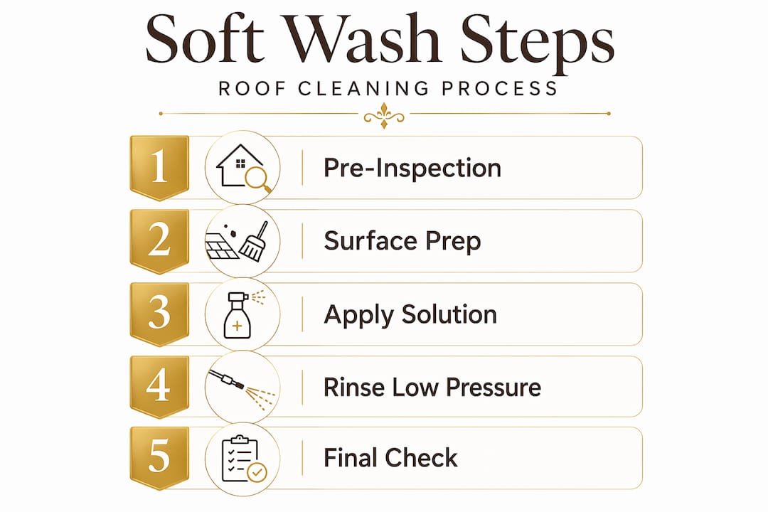 Soft wash roof cleaning step-by-step infographic