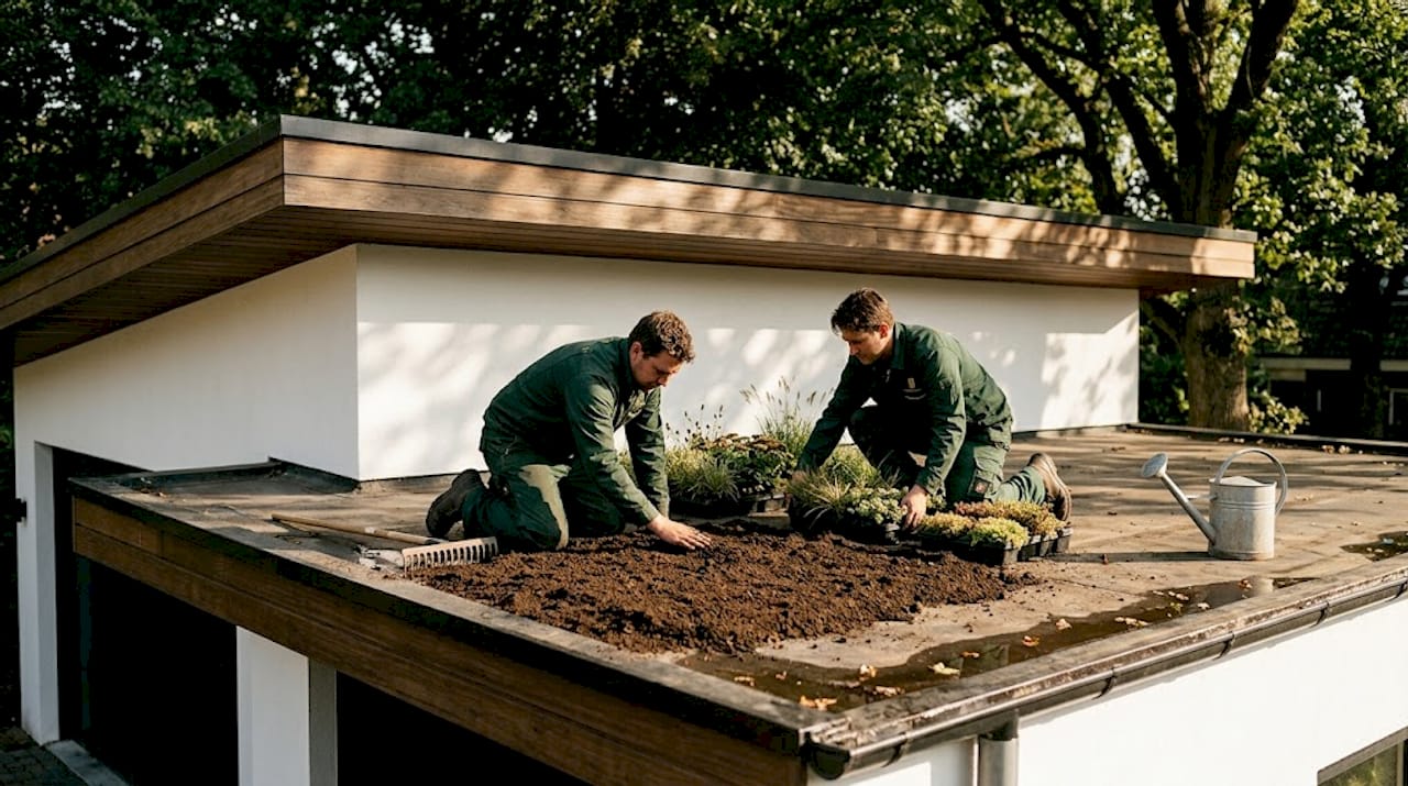 Workers installing green roof on garage rooftop