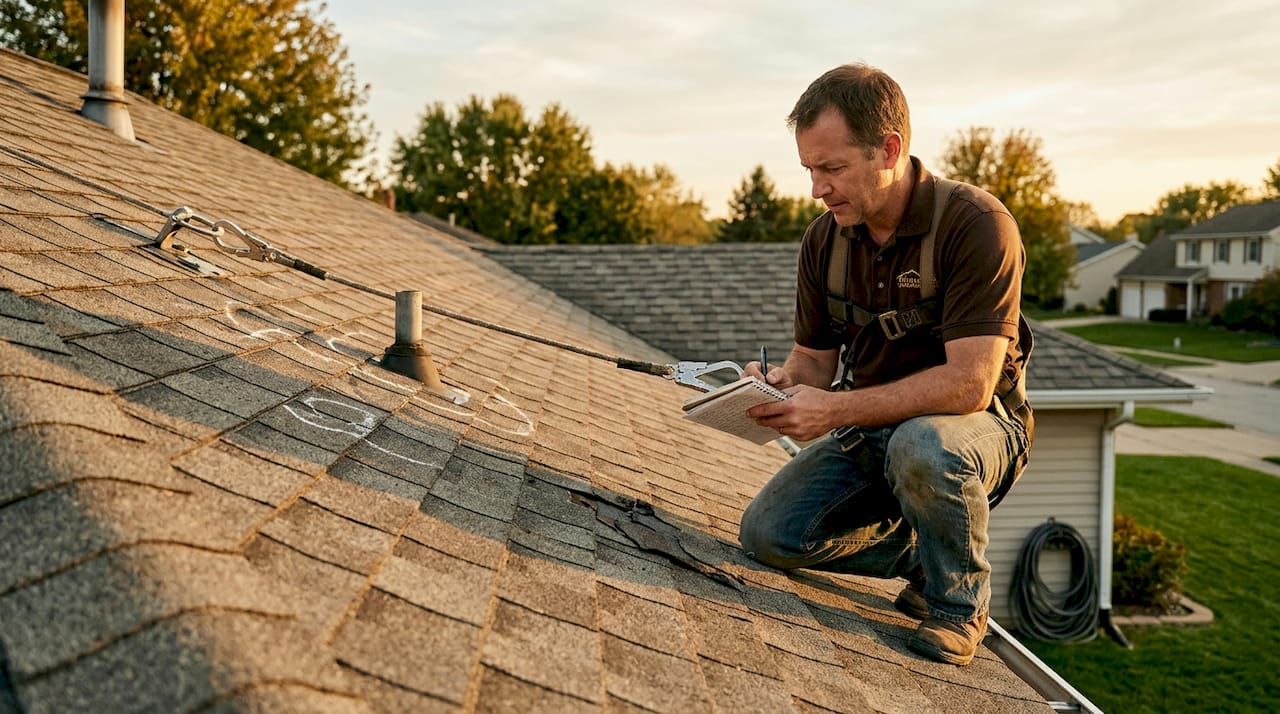 Contractor inspecting aging roof shingles