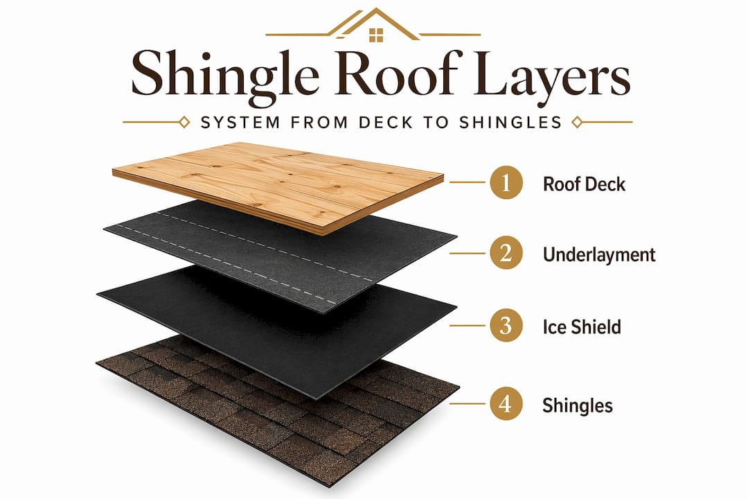 Infographic showing layers of a shingle roof