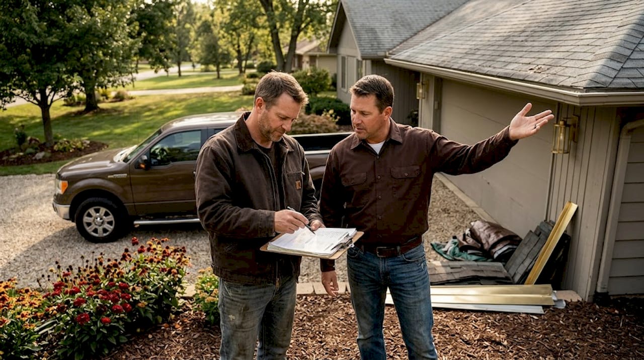 Roofing contractors reviewing roof repair estimate