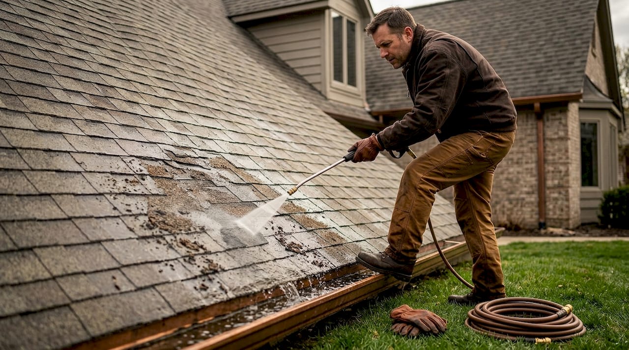 Technician pressure washing roof causing damage