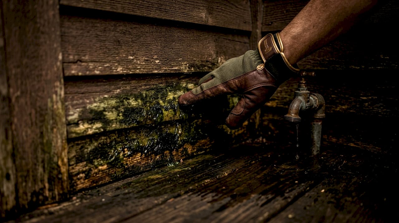 Close-up of algae and mildew damaging wood siding