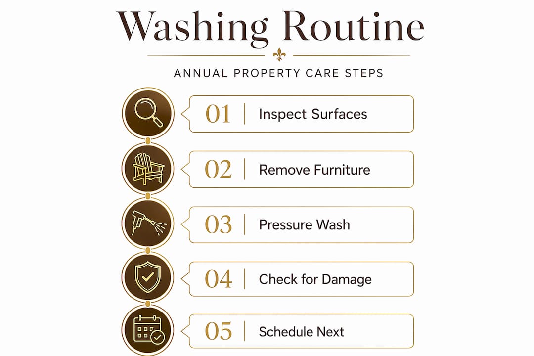 Infographic showing steps for property pressure washing routine