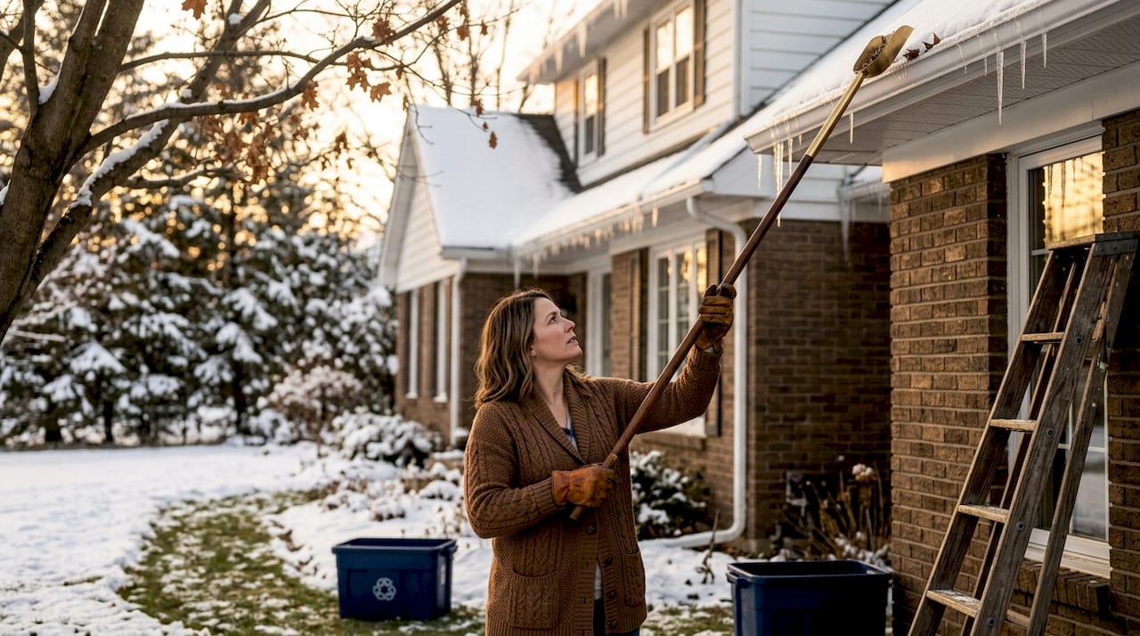 Woman clearing gutters on snowy North Georgia home