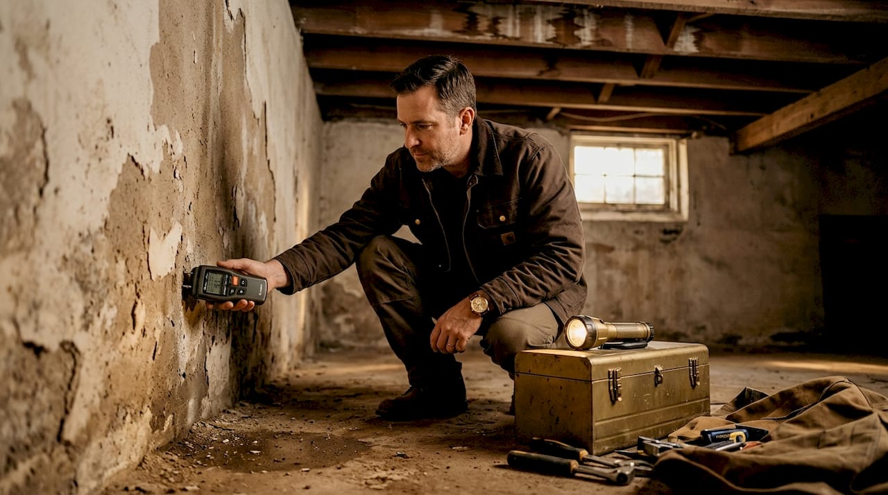 Contractor checks water damage in basement