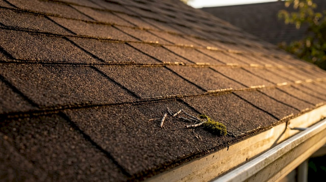 Textured architectural shingles with deep shadows
