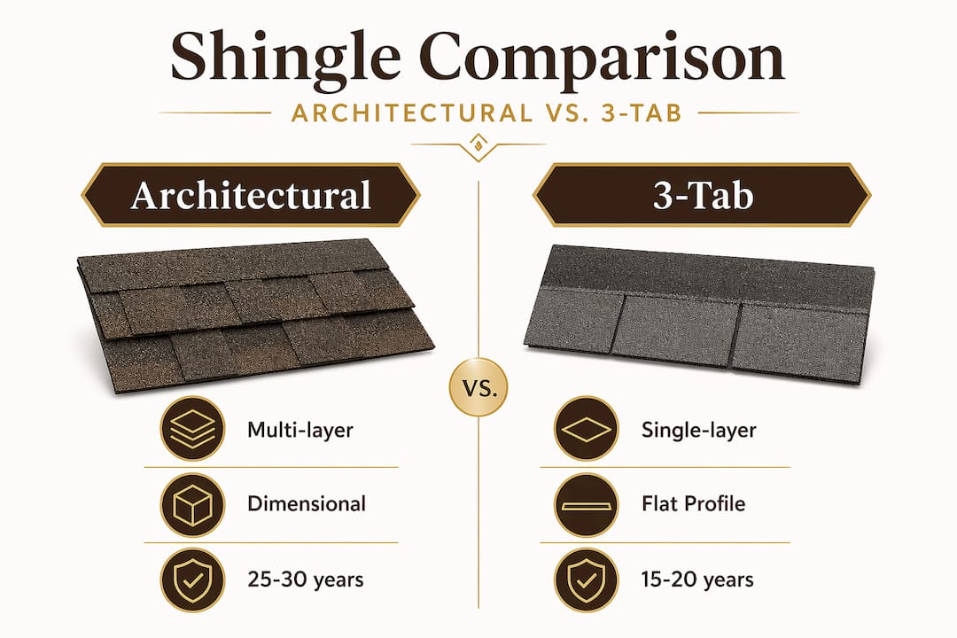 Infographic comparing architectural and three-tab shingles