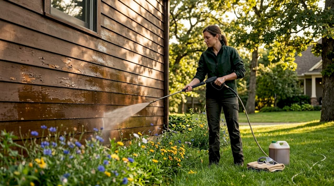 Careful pressure washing of wood siding by homeowner